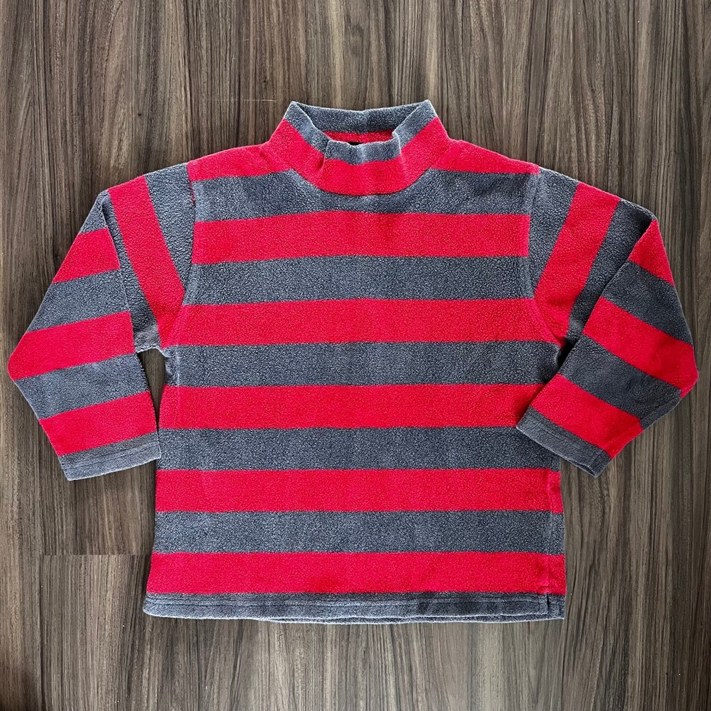 Mini Boden Mock Neck Striped Fleece Pullover Sweater Red‎ Gray Stripes size 7-8Y